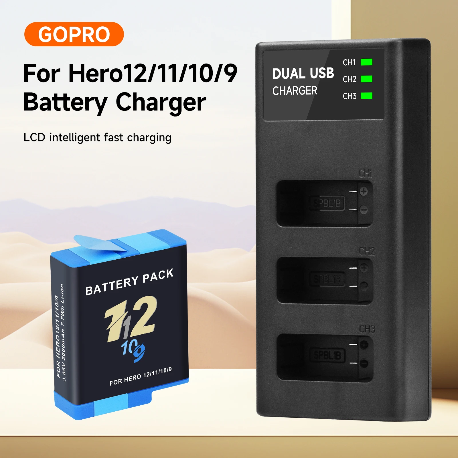 

AHDBT-901 Battery for GoPro 10 Li-ion Battery Hero 11 12 + LED Smart 3-Slots Charger for Go Pro Hero 10 11 12 Sport Cameras