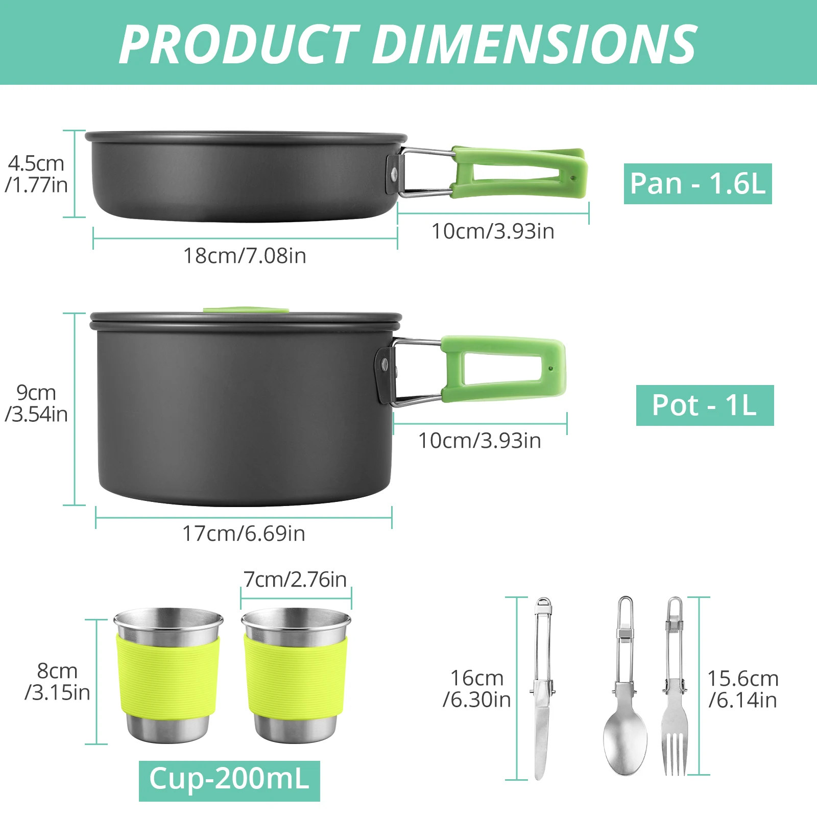 휴대용 캠핑 요리 요리 조리기구 세트 양극 처리 된 알루미늄 냄비 팬 주전자 For1-2 명 야외 하이킹 피크닉