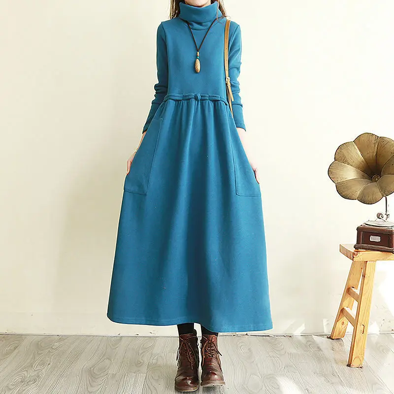 

2023 Autumn Winter Women's Solid Color High Neck Bandage Vintage Art Slim Fit Casual Fashion Elegant Commuter Long Sleeve Dress
