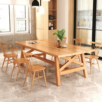 Set Tavolo e Sedie da Pranzo in Legno Massello Stile Pastorale per 6 Persone, Tavolo da Pranzo in Legno per Soggiorno Domestico e Ristorante Agrituristico