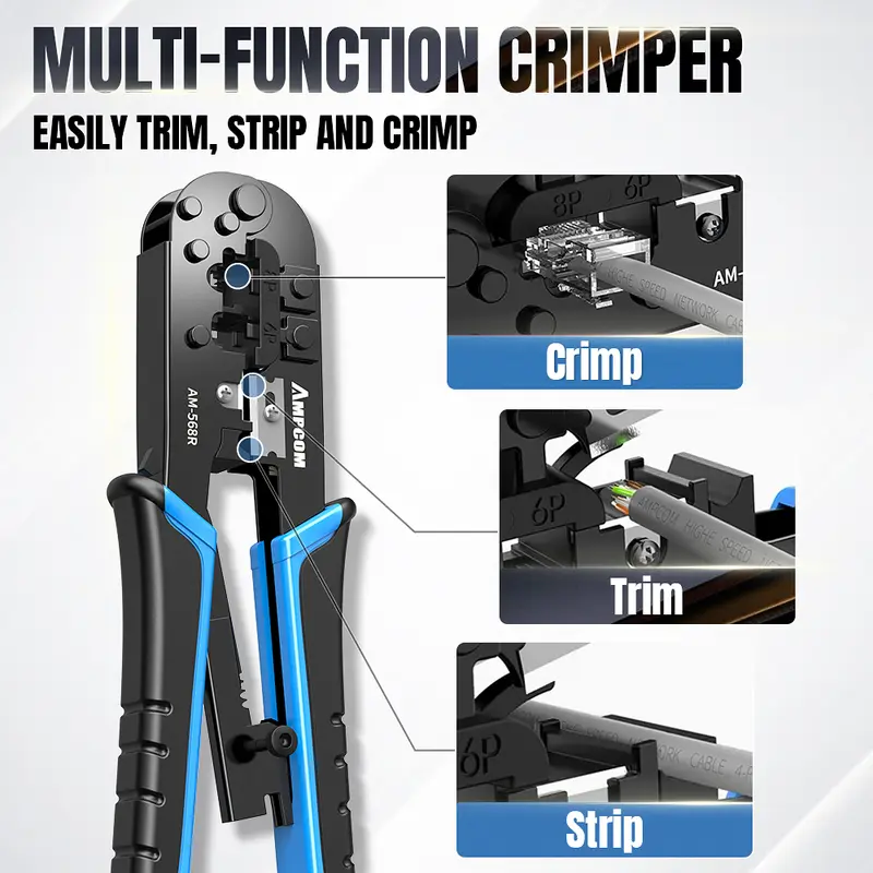 AMPCOM rj45 crimper RJ11 RJ45 Crimping Tool Ethernet Network LAN Cable Crimper Cutter Stripper Plier for 6P 8P RJ-11/RJ-12 RJ-45 - Image 2