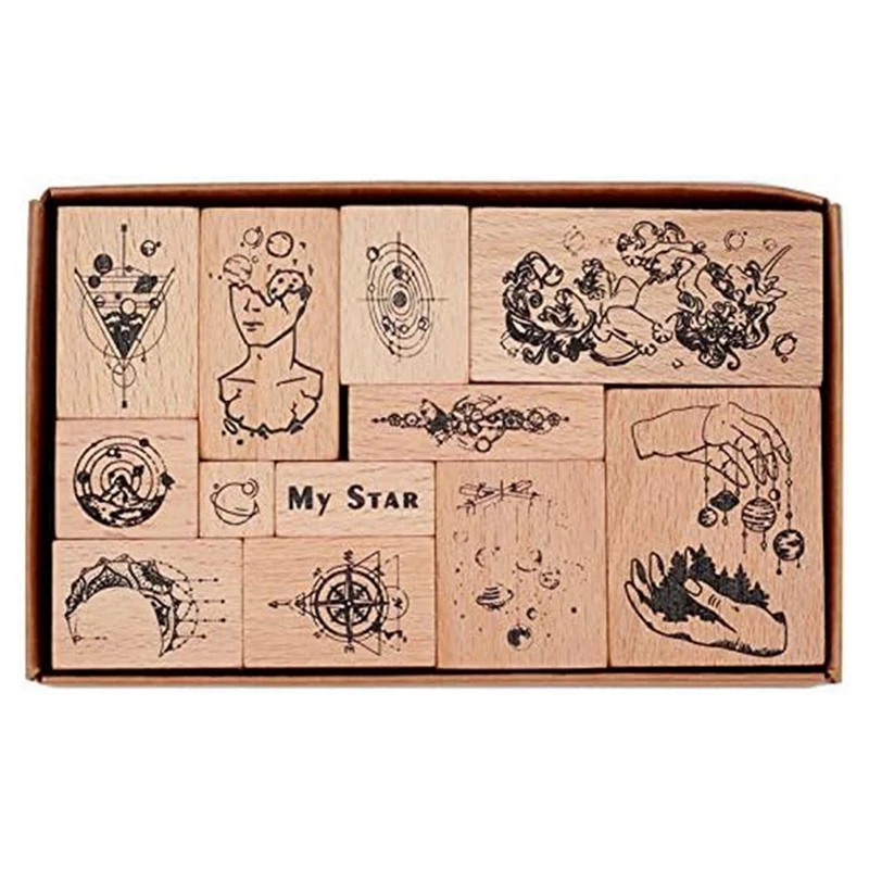 

12Pcs Vintage Wooden Rubber Stamp Set Streamer Star Trail Series Decorative Mounted Rubber Stamps For Card Making