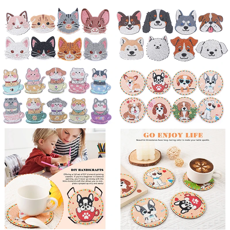 8/10Pcs Diamond Painting Coasters Kits with Holder Diamond Dot Art Coaster  DIY Cute Animals for Kids Adults Beginners Homr Decor