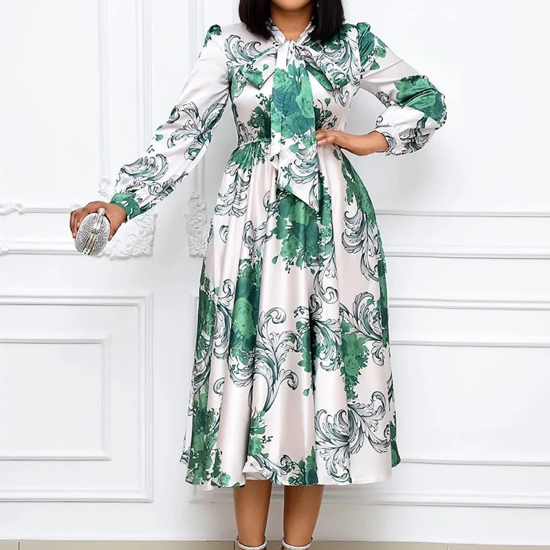 Elegant Plus Size Clothes Floral Printing Long Sleeve Fashion Half Open Collar Bandage High Waist Basic Pullover Dress for Women