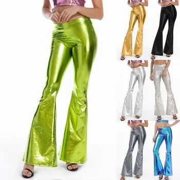 Womens Shinny Metallic Flare Pants Hippy Bodycon Bell-Bottom Trousers Clubwear Party Carnival Costumes Sexy Disco Party Pants 1