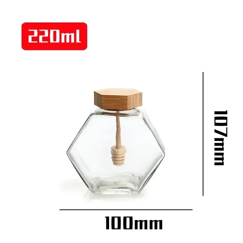 100ml/220ml/380ml Bamboo Wood Cover Hexagonal Glass Jar with  Stirring Dipper Hexagon Honey Container Storage Bottle