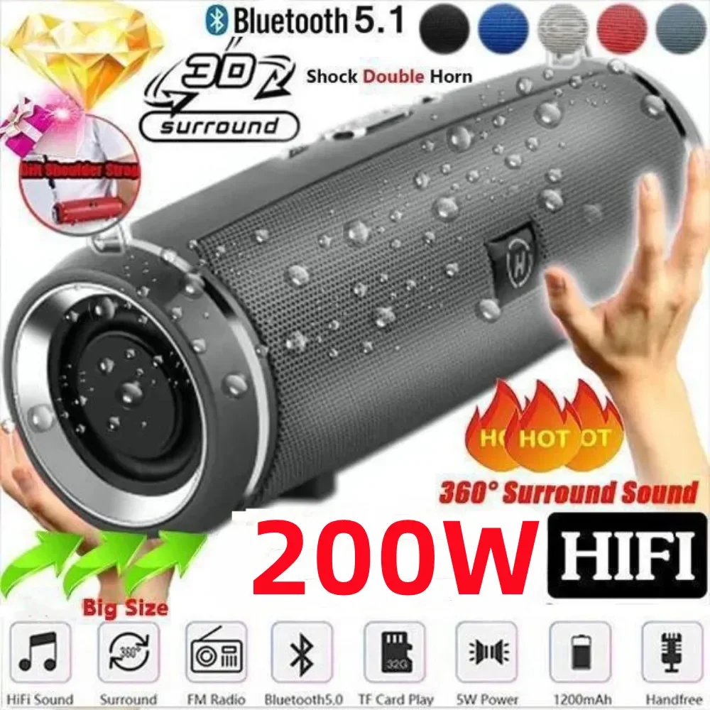 Portable Bluetooth Speaker Portable IPX7 Waterproof Outdoor HIFI Column Speaker Wireless Bluetooth Speaker Subwoofer Stereo Sound Box FM Radio TF Boom box