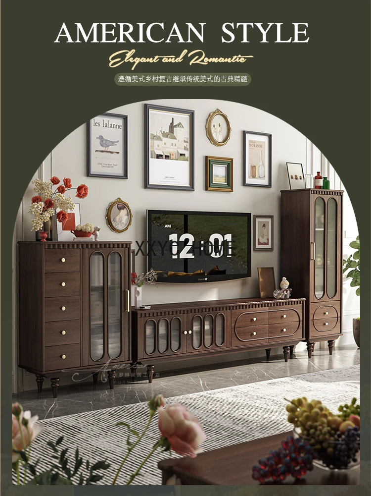 

American-Style Solid Wood TV Side Cabinet Simple Wine Cabinet Combination Log French Retro Small Apartment Living Room Locker