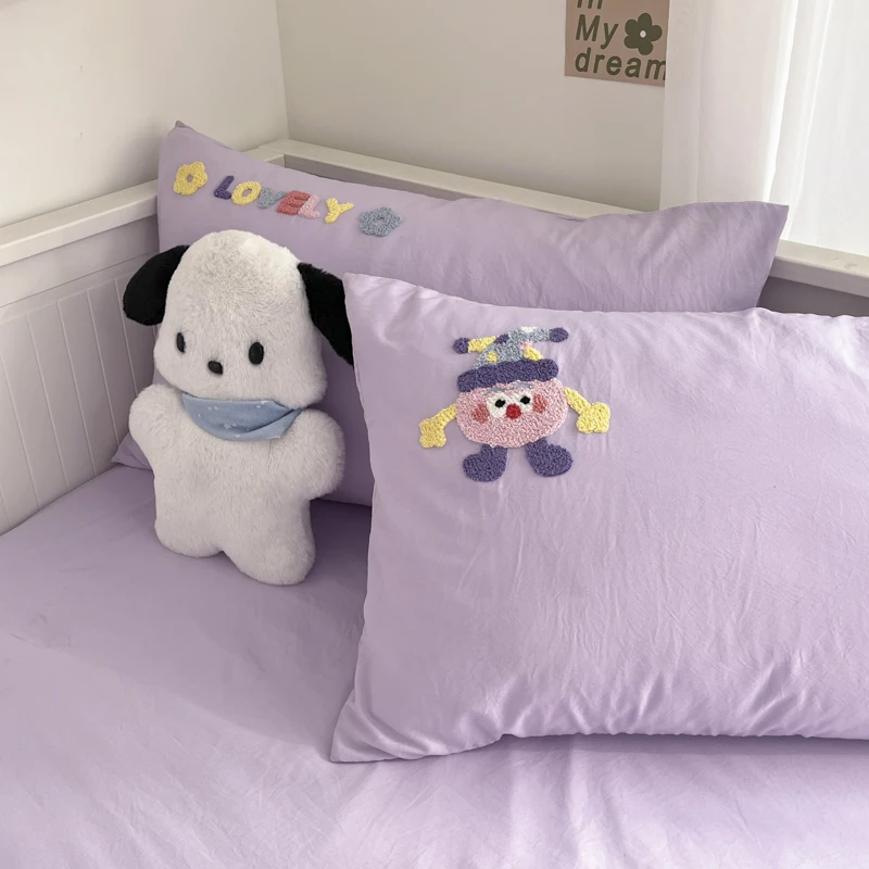 보라색 세탁 침구 세트, 면 수건 자수 작은 인형, 기숙사 골판지 이불 커버 이불 세트, 4 피스 세트