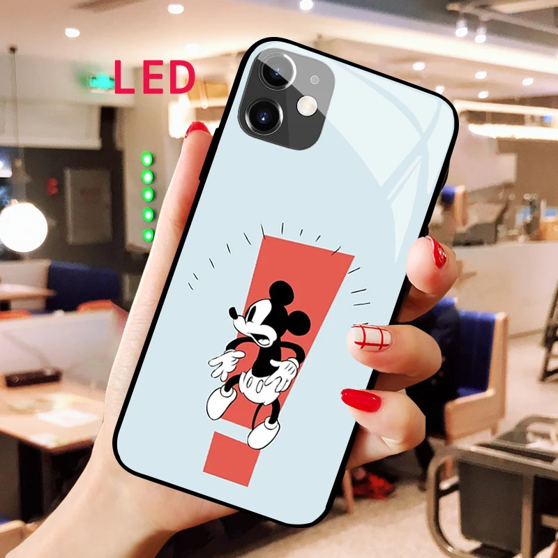 Mickey Luminous Tempered Glass phone case For Apple iphone 13 14 Pro Max Puls Luxury Fashion Kawaii RGB LED Backlight new cover enkay hat prince ultra clear back camera lens protector aluminium alloy frame tempered glass film 2pcs 1 set for iphone 12 12 mini blue