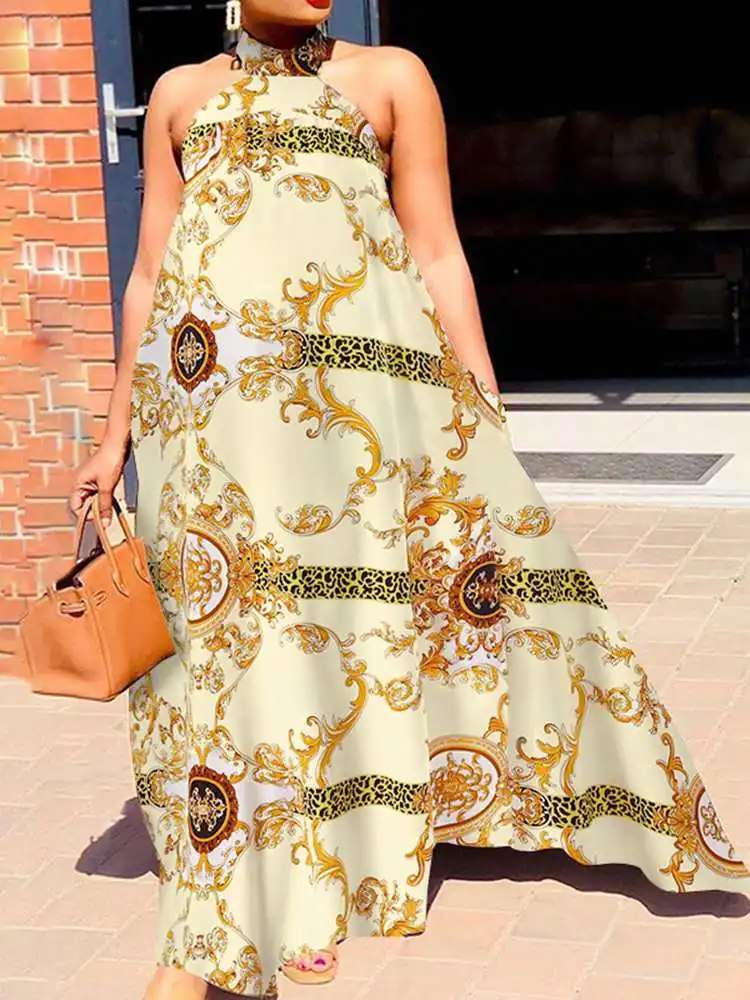 

VONDA летнее модное женское Макси Сарафан в богемном стиле с лямкой на шее 2023 сексуальное платье с открытыми плечами без рукавов в стиле фенима повседневное пляжное платье