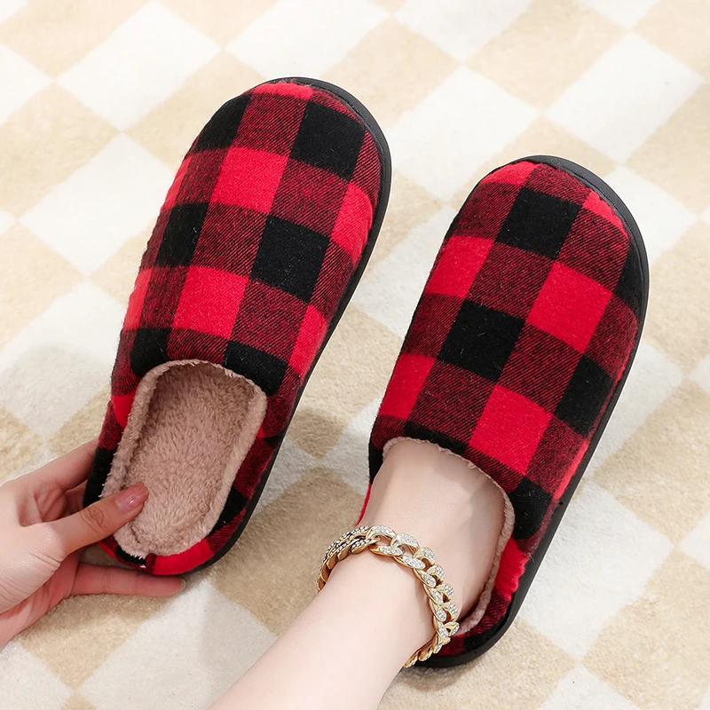 Classic Women Black Red Plaid Cotton Slippers Non-slip Winter Checkered Retro Christmas Gift Indoor Slides Home Cotton Shoes 4