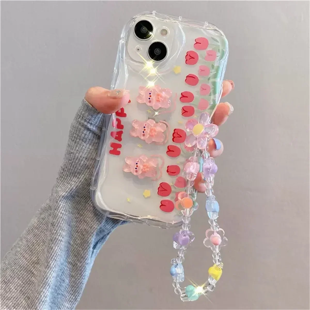 thumbnail image 1 of Funda transparente suave con cordón para teléfono con diseño de oso 3D coreano para iPhone 16, 15, 14 Pro Max, 11, 13, 12 Mini, XR, 8, 7 Plus, X, XS, SE, 1 of 5