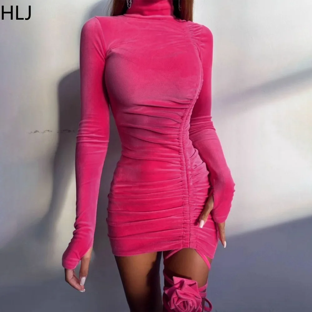 

Модное однотонное бархатное мини-платье HLJ на шнуровке, Женская водолазка с длинным рукавом, облегающее платье с рюшами, женские бандажные платья с цветами