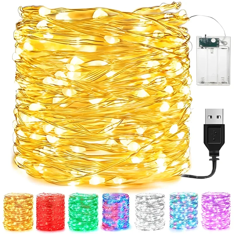 

5M 10M Waterproof USB Battery LED Lights String Copper Wire Fairy Garland Light Lamp Christmas Wedding Party Holiday Lighting