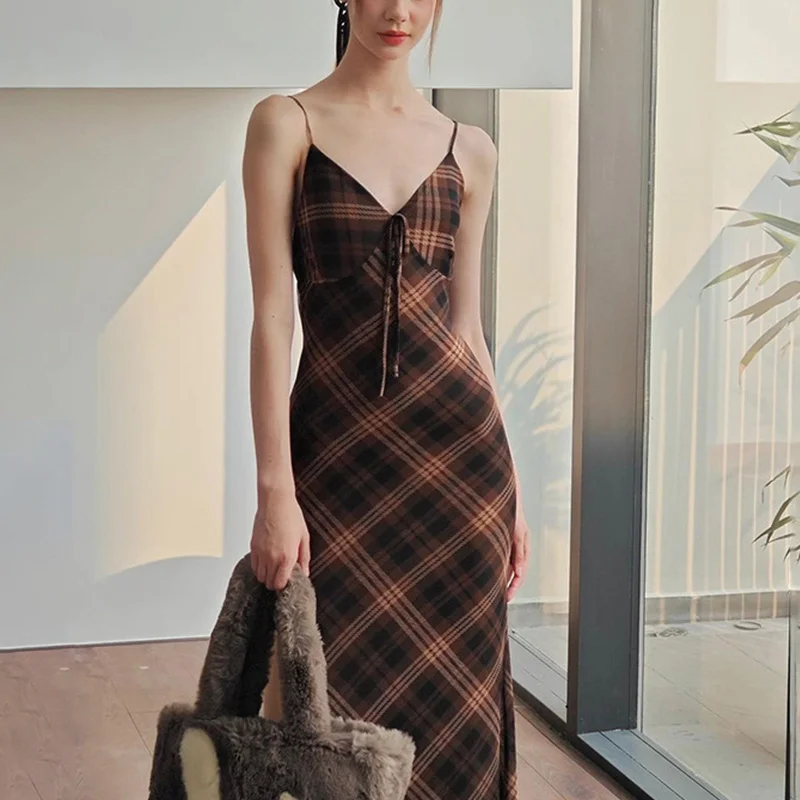 y2k Plaid Dress Women Vintage Clothes V Neck Spaghetti Strap Sleeveless Side Split Long Desses Going Out Party Dresses