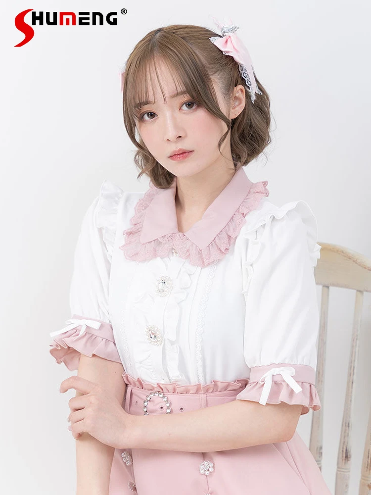 

All-matched Lolita Sweet Girl's Shirt Japanese Mine Cute Lace Stringy Selvedge Single-Breasted Loose Blouse Top for Women Summer