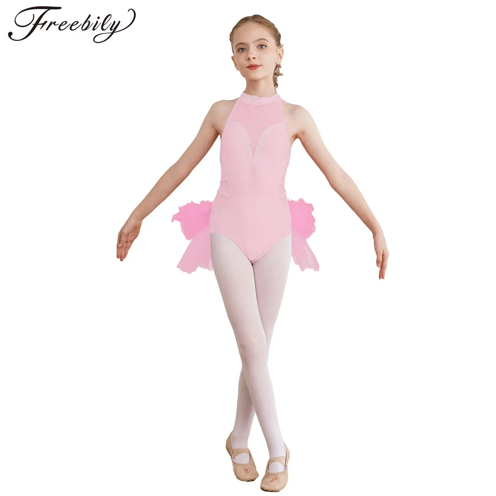 

Детский танцевальный комбинезон-пачка для девочек, балетное Боди без рукавов с плиссированным подолом для катания на коньках, трико для ритмической гимнастики, костюм для выступлений