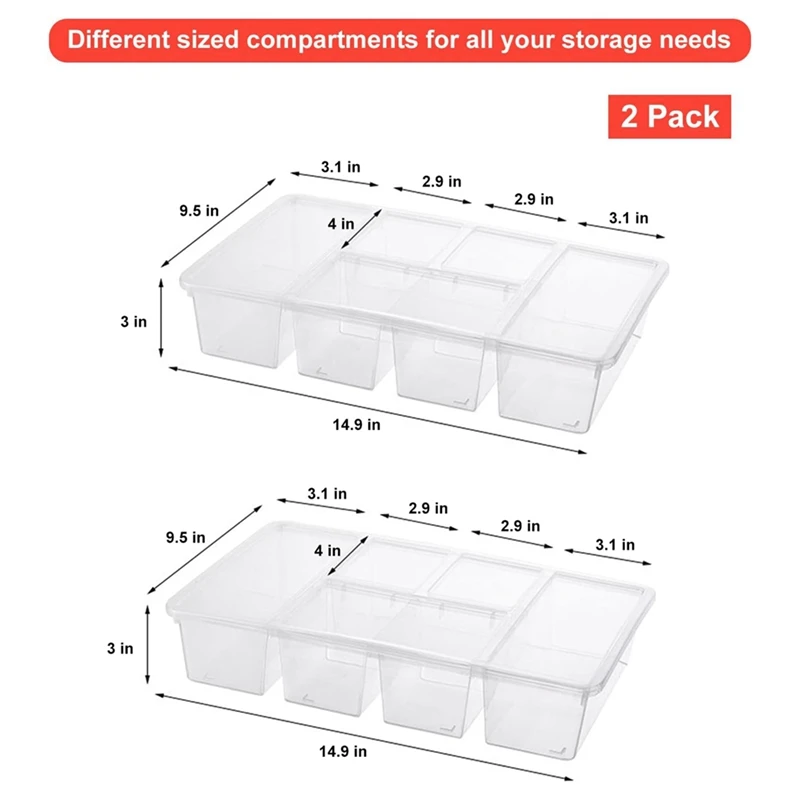 2 Pack Divided Vegetable Trays With Lids, Compartment Refrigerator Snack Boxes, Transparent Refrigerator Storage Boxes 5
