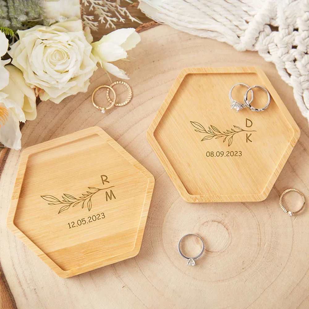 

Personalized Wedding Ring Dish Jewelry Tray Custom Wood Ring Holder Engagement Gift For Couple Wedding Supplies