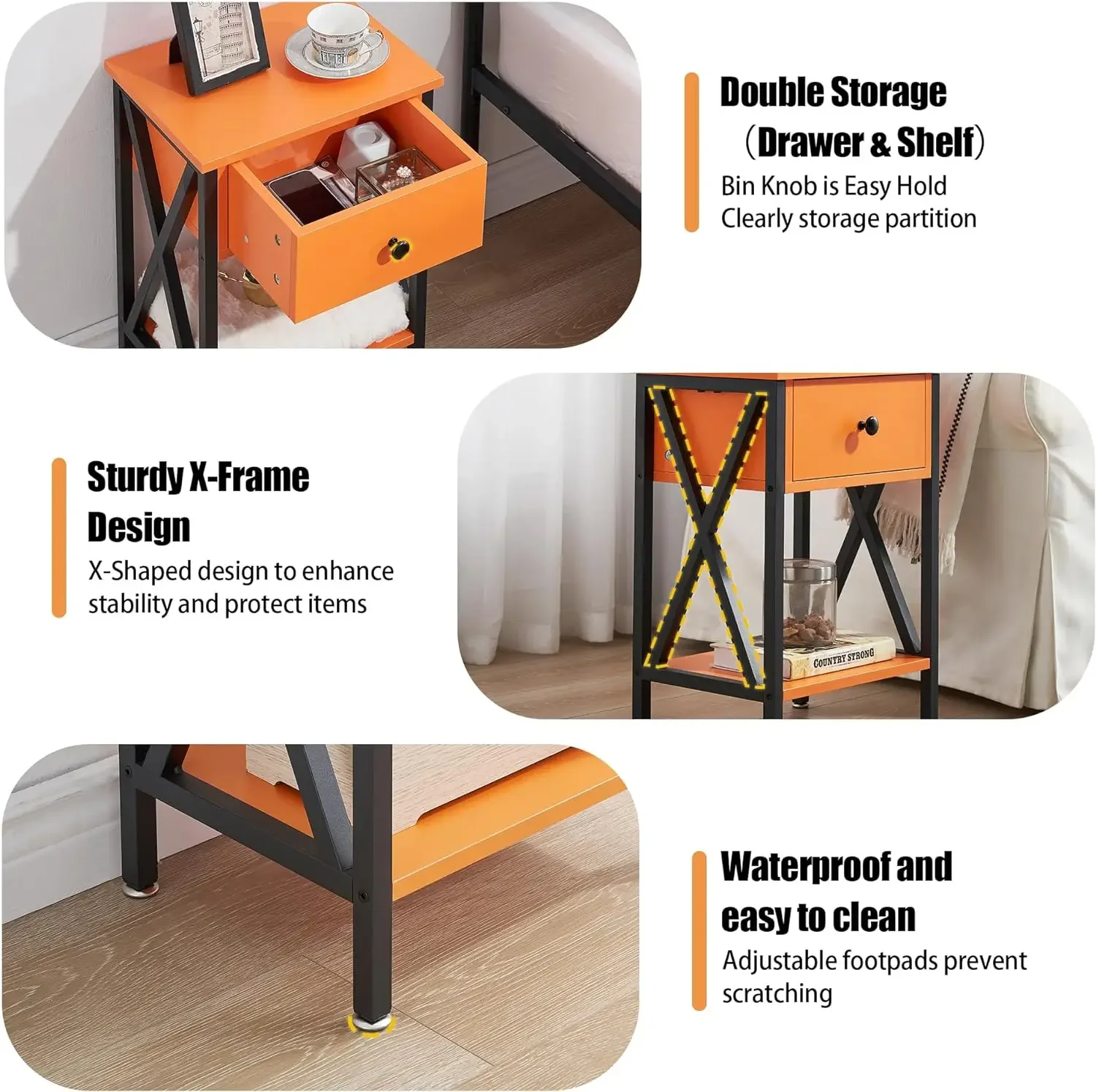 Nightstands End Table X-Design with Drawer and Storage Shelf for Living Room Bedroom, Set of 2, Classic Orange images - 6