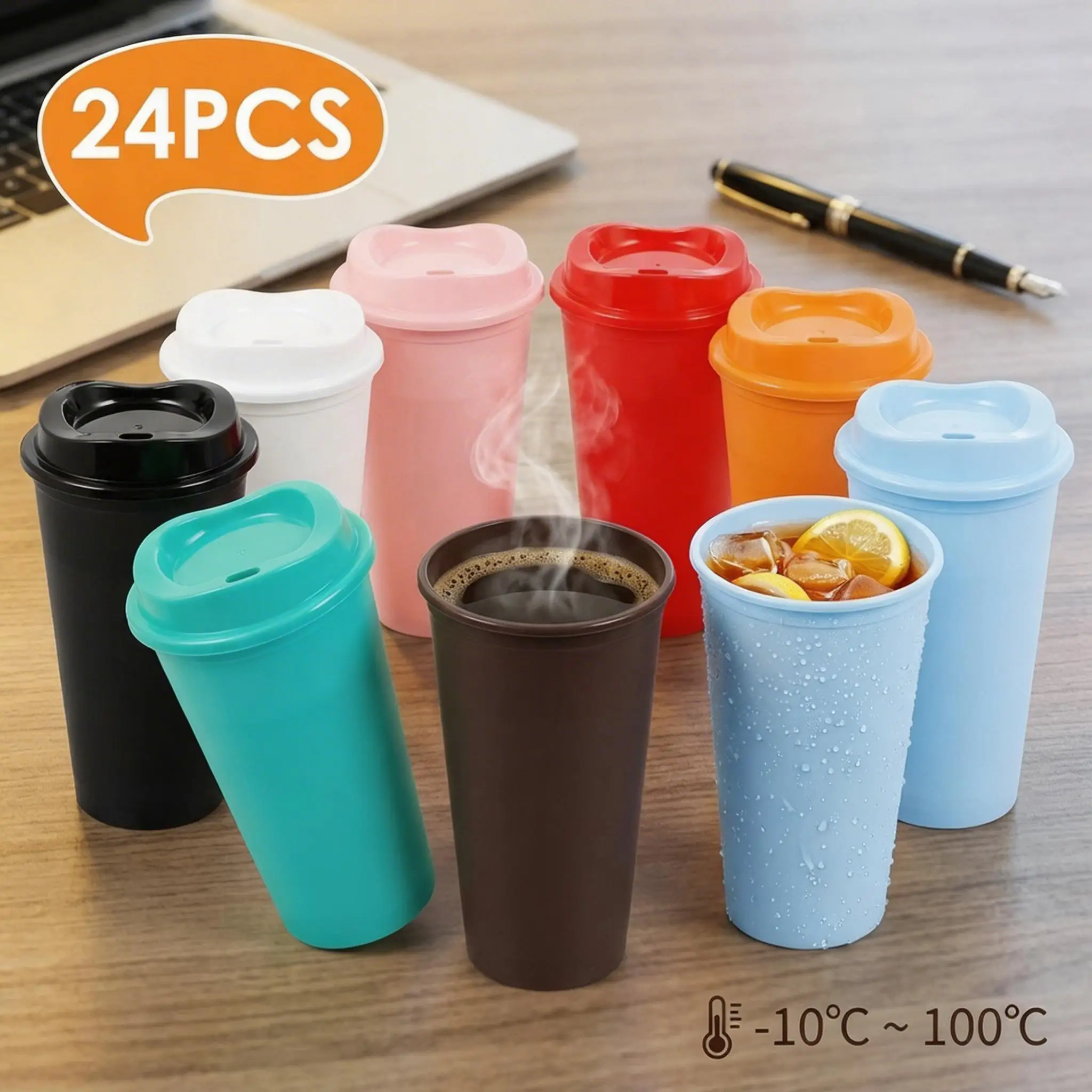 Reusable 16oz Coffee and Beverage Cups with Lids - Set of 24