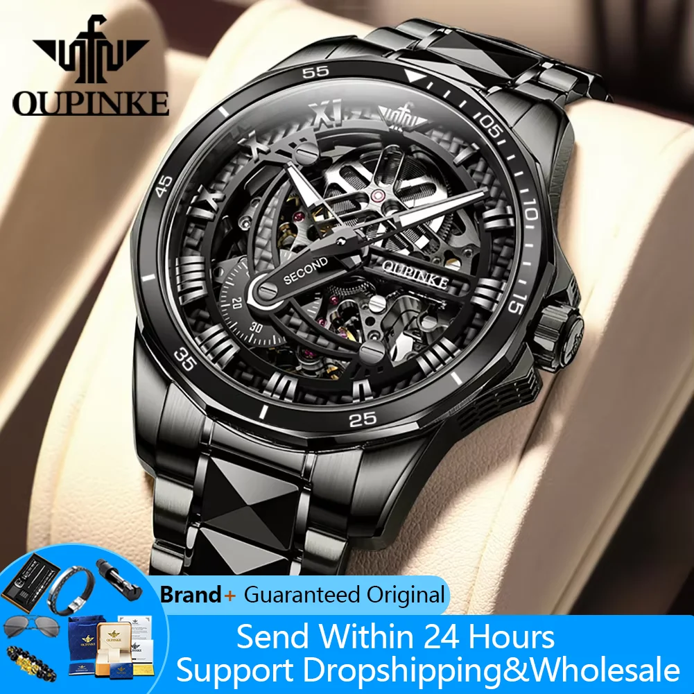 OUPINKE 3178 Automatic Man Watch Original Tungsten Steel Hollow Men's Watches Unique Seconds Hand Design Mechanical Wristwatches