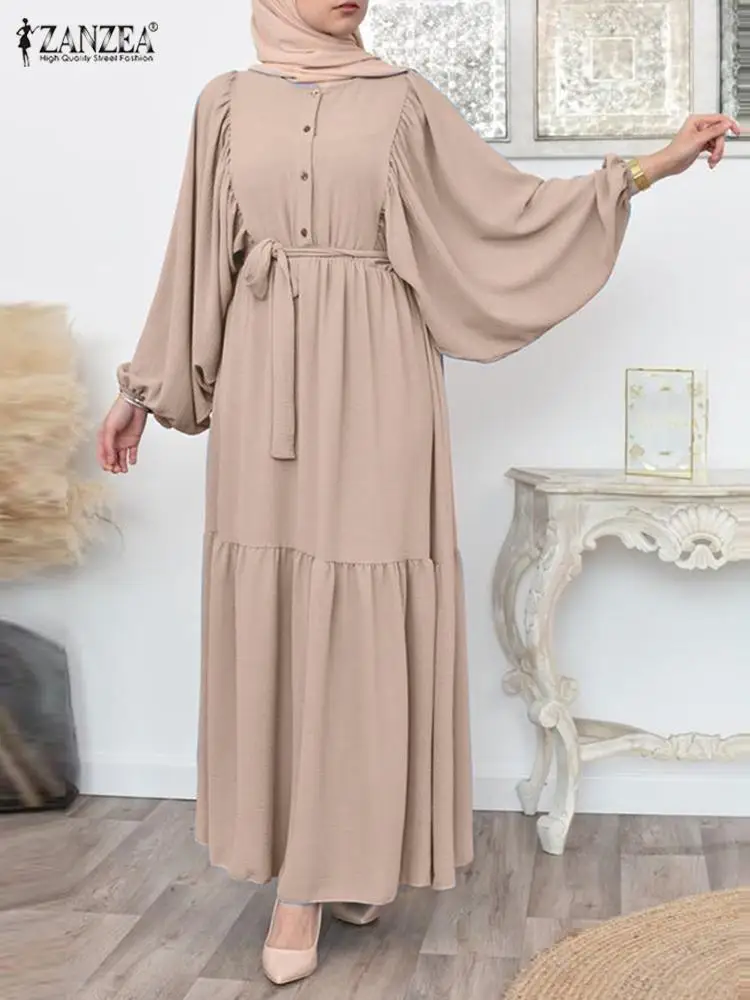 

ZANZEA Women Elegant Muslim Shirt Dress Oversized Puff Sleeve Hijab Caftan Islamic Clothing Casual Belted Jilbab Sundress 2023