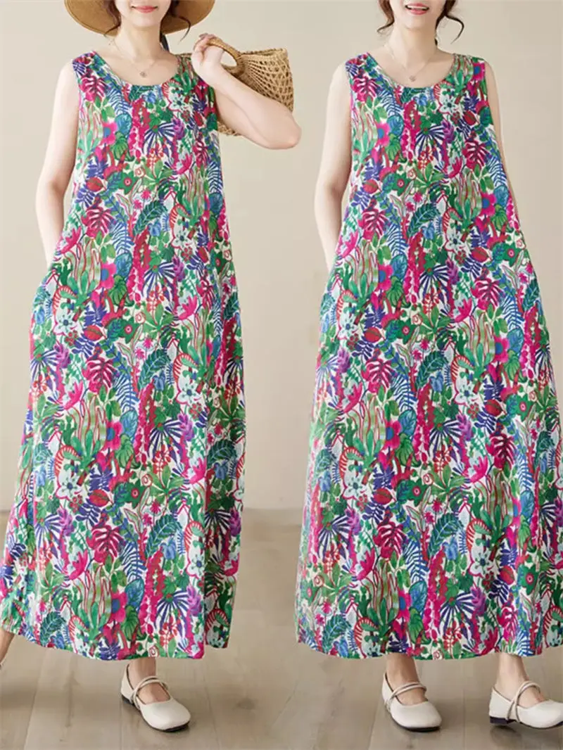 

Ethnic Style Retro Strap Sleeveless Dress Women's 2024 Summer New Comfortable And Versatile Loose Lady Long Vest Dress K1153