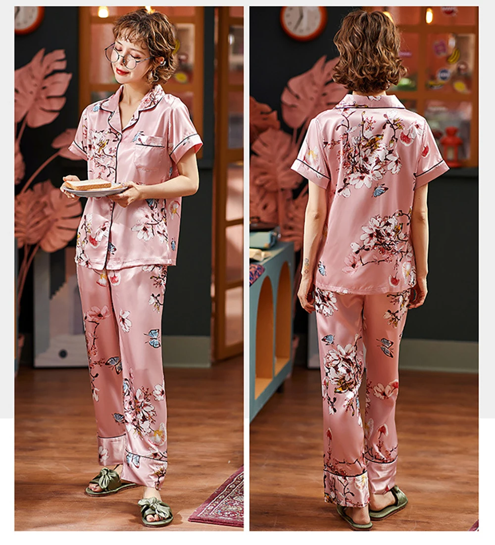 ladies pjs Women's Luxury Satin Pajamas Ladies Ice Silk Polka Dot Nightwear Woman Spring Summer Sleepwear Pajama Set 3XL Large Size Pyjamas sleep wear