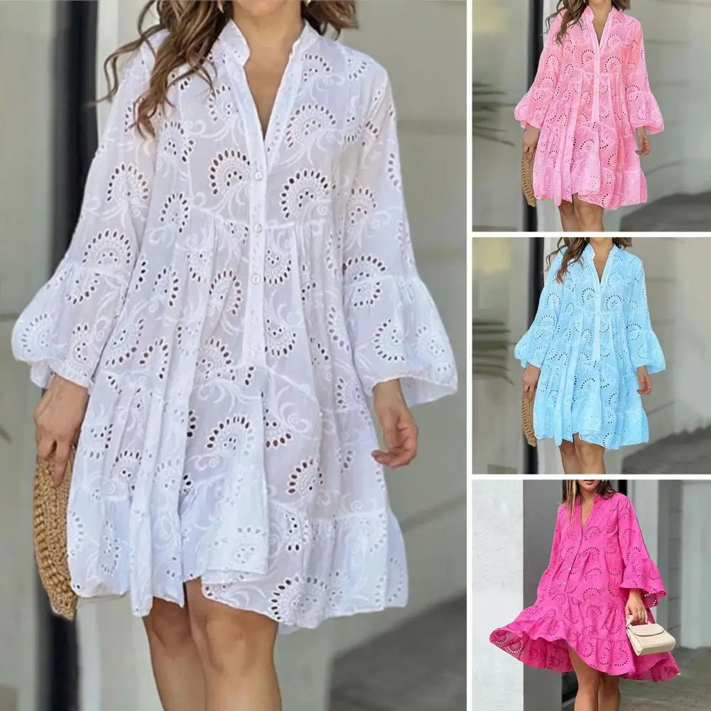 

Breathable Material A-line Dress Elegant Vintage Lace Dress for Women Embroidered Hollow Out Mini Dress Summer Fashion
