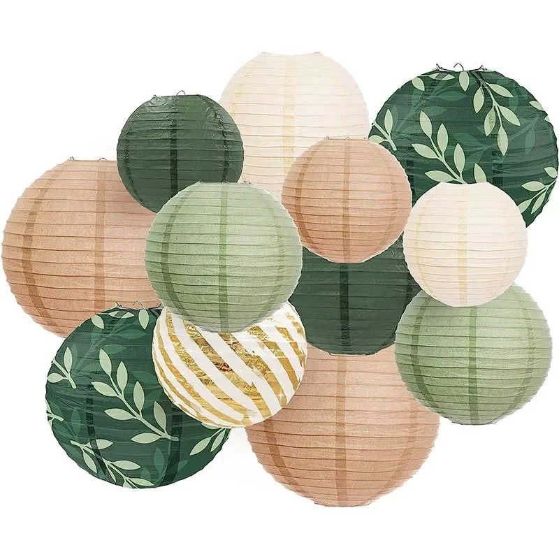 Paper Lanterns Sage Green Brown Chinese Japanese Hanging for Green Boho Summer Wedding Birthday Party Decor 6PCS