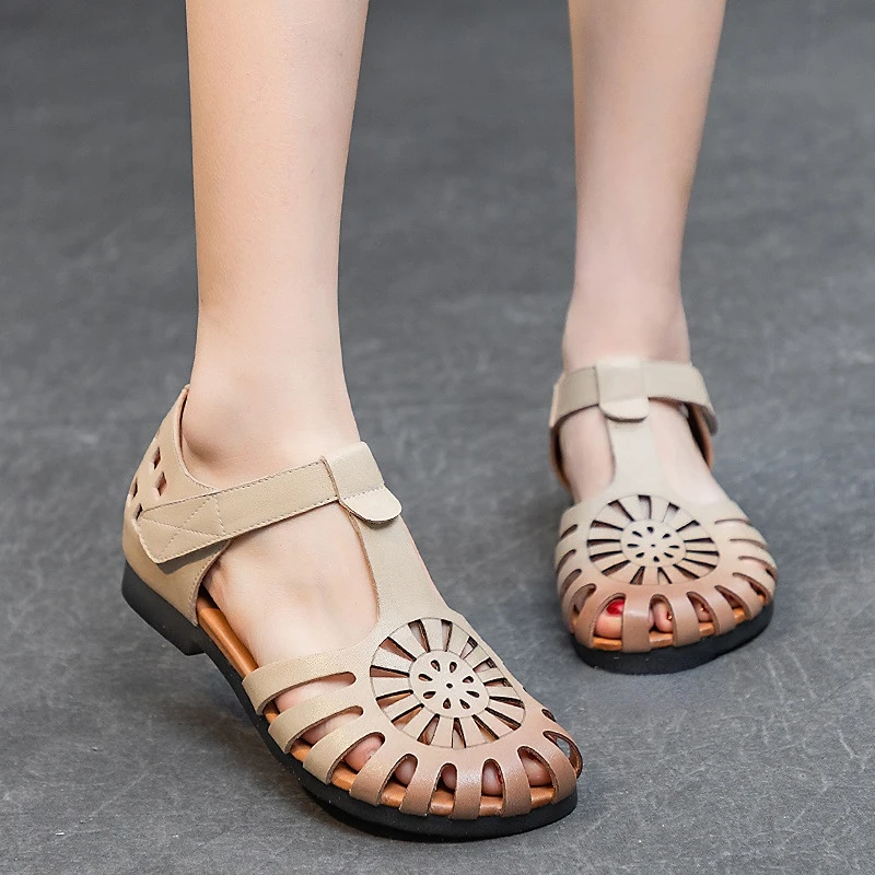 

3cm New 2023 Designer British Novelty Authentic Ethnic Genuine Leather Shoes Round Toe Flats Women Sandals Hollow Summer Fashion