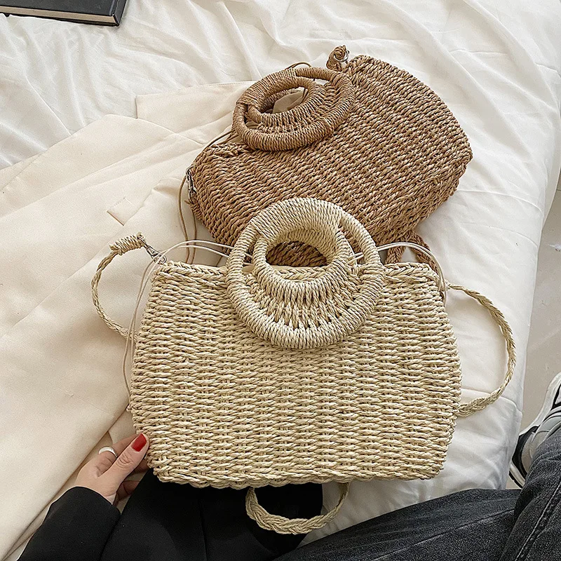 Hxinson Lady Summer Beach Straw Basket Bags Casual Rattan Large