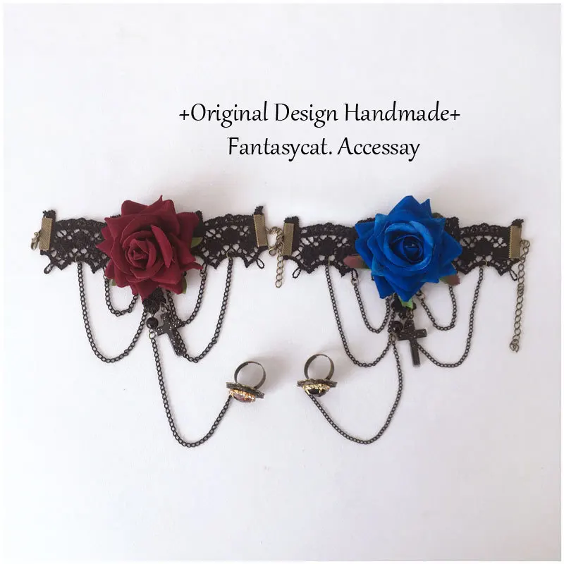 Blue Fairy Rose Hollow Lace New Bracelet with Ring Halloween Ball Accessories Punk Jewelry Chain Tassel Cosplay Props