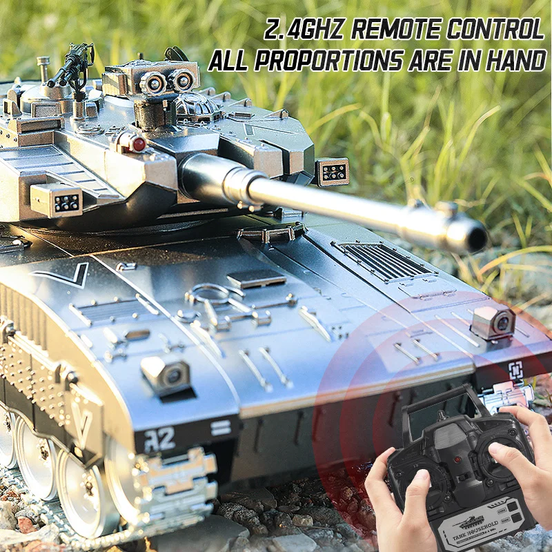 Tanque de Control remoto grande para niños, tanque de batalla con pista de aleación, bala, tiro, juguetes del ejército militar eléctrico, regalo para niños, 44Cm