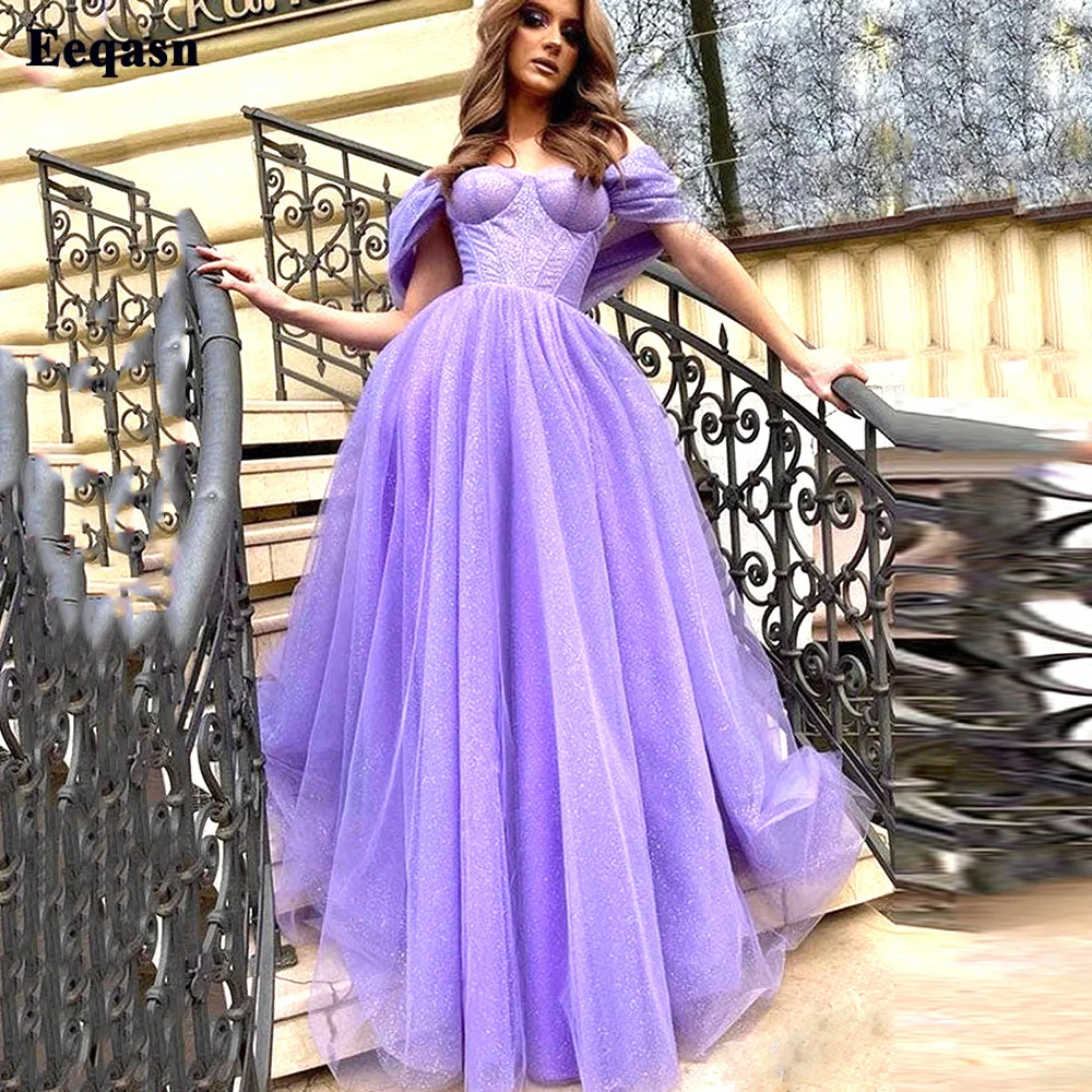 

Eeqasn Lilac Glitter Tulle Long Prom Gowns Women's Formal Evening Dresses Split A Line Sweetheart Party celebrity Dress