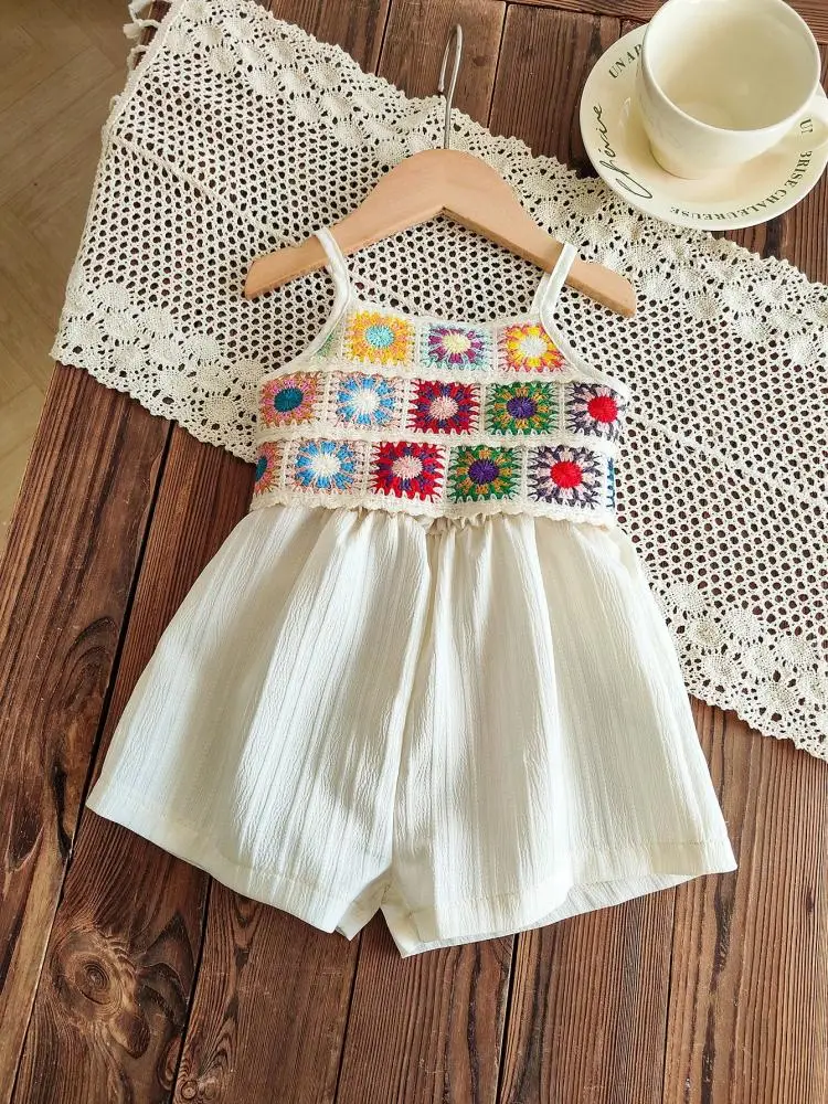 Summer Girls Romper Casual Daily Style Retro Colorful Floral Pattern Comfort Halter Sleeveless Romper Shorts Children's Clothing