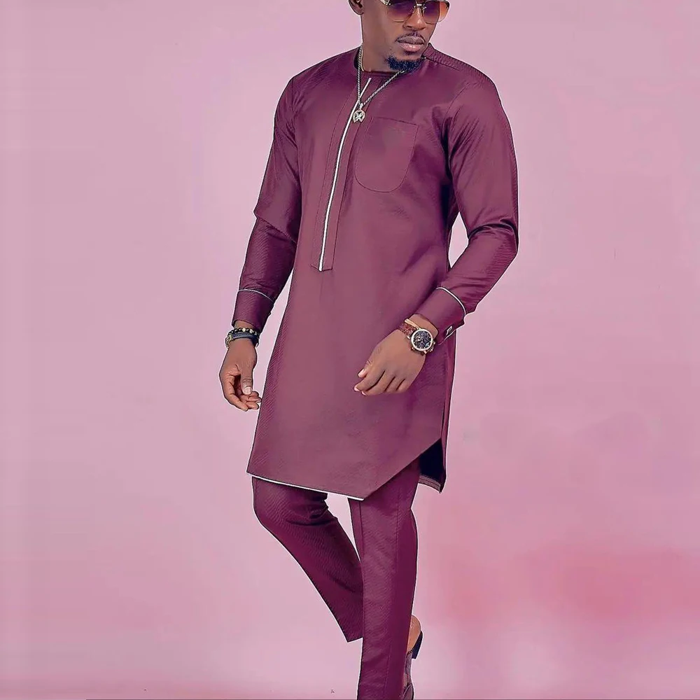 New In Summer Sets African Men's Clothing Solid Color Simple Shirt and Social Pants 2-Piece Set Men's Party Business Suit