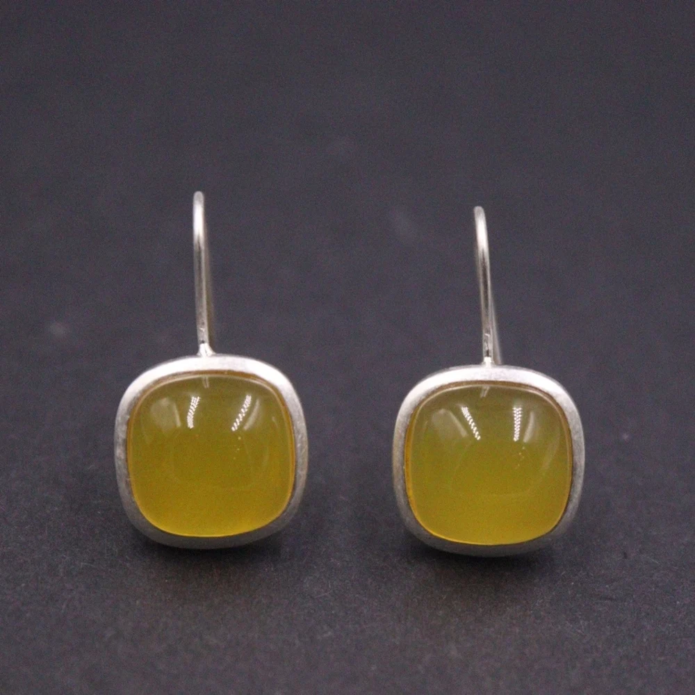 

Real Solid 925 Sterling Silver Dangle Women Yellow Chalcedony Square Simple Smooth Earrings