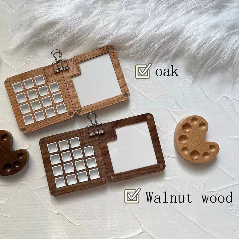 Portable 15 Grid Walnut Oak Watercolor Paint Dessert Box Mini
