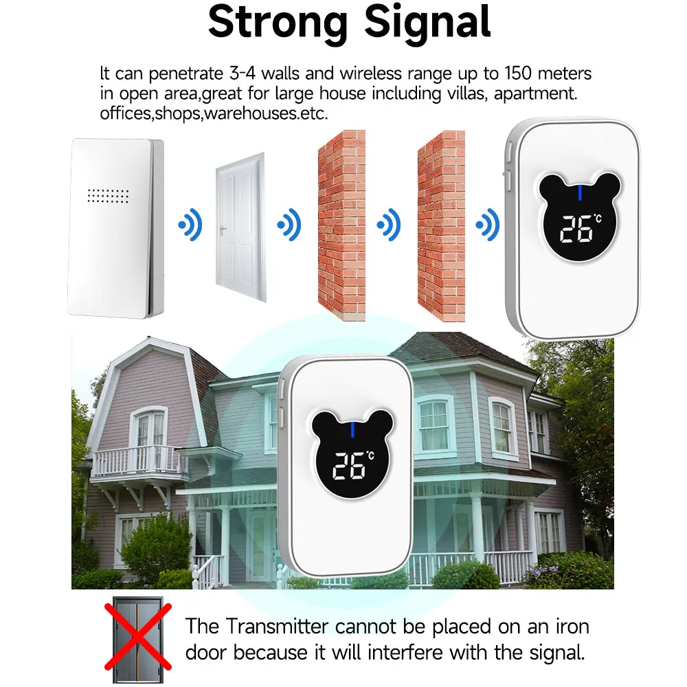 Cerhot Self Powered Outdoor Wireless Doorbell With Temperature Display 150m Waterproof Door Bell Sets 38 Songs Ring Home Welcome wireless doorbell