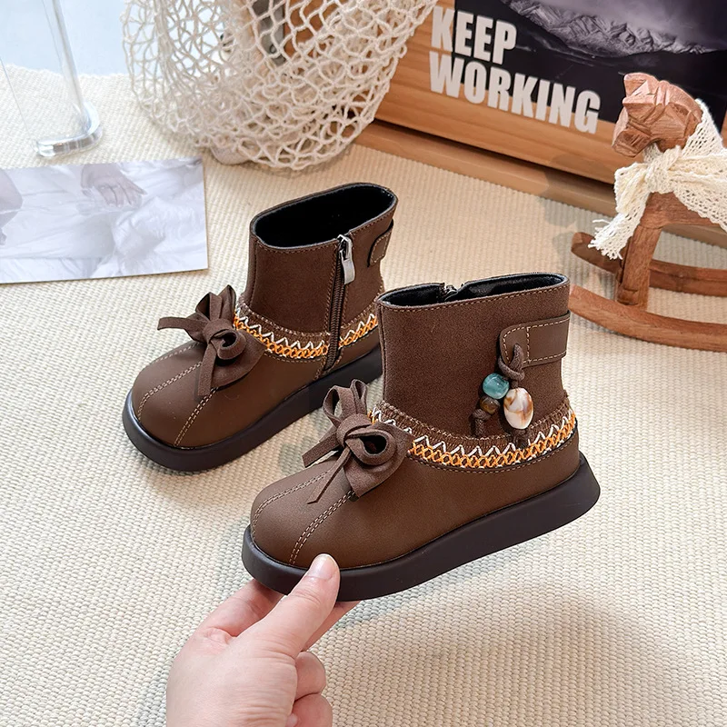 Girls Short Boots Ethnic Style Kids Leather Boots with Simple Bows 2025 Autumn Winter Children Princess Boots Side Zipper Sweet
