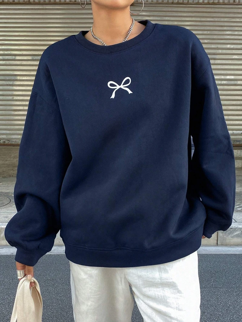 Casual Women's Sweatshirts Kawaii Bow Graphic Prints Pullover Comfortable Warm Oversize Hoodie Autumn Fleece Soft Female Clothes 2