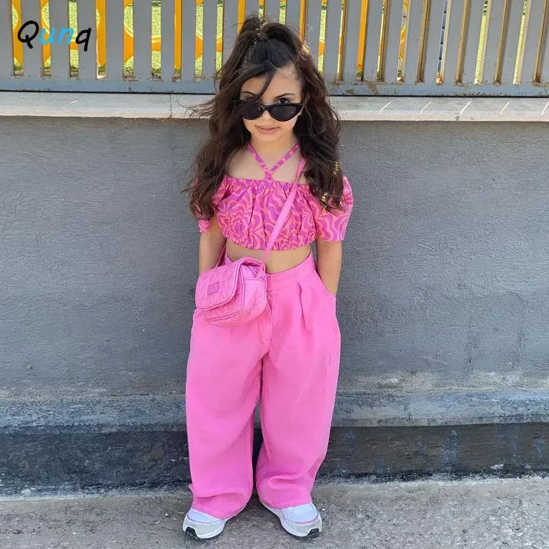 

Summer Girls Hang a Neck Off Shoulder Pleated Puffed Sleeves Top+Straight Pants 2 Pieces Set Casual Kids Clouthes Age 3T-8T