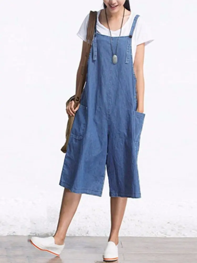 

Лето 2024, комбинезоны ZANZEA с широкими штанинами, женский комбинезон, брюки без рукавов, повседневные Комбинезоны с регулируемыми бретельками и карманами