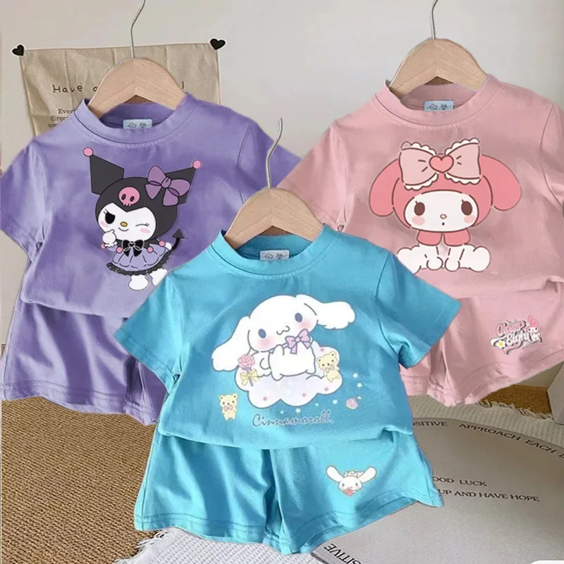 

Sanrio T-shirt Shorts Set for Children New Kuromi Cinnamoroll My Melody Clothing Girl Summer Anime Kawaii Tees Pants Kids Gift