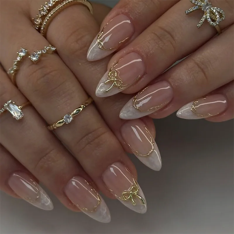 24Pcs Almond Shape Bow Design Press on Nails French Golden Border Stripe Full Cover False Nail Tips Simple Round Head Fake Nails