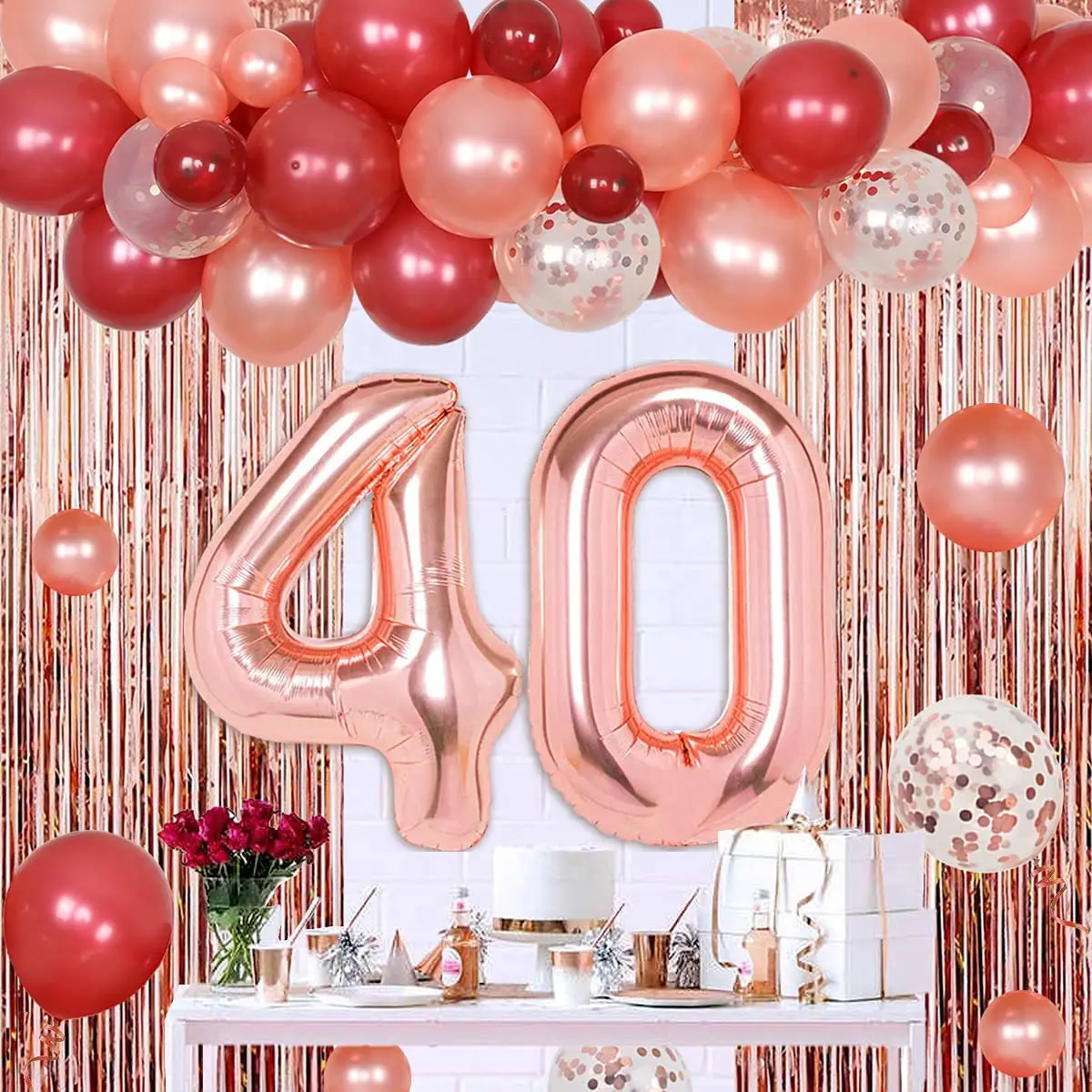 Burgundy 40th Birthday Decorations Rose Gold Balloon Garland Kit with Fringe Curtains Happy 40th Birthday Party Decor for Women - AliExpress