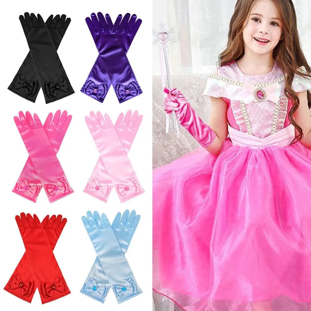 1Pair Children Long Gloves Princess Skirt Dance Performance Stage Gloves Satin Sequins Bow Glove Full Finger Mittens Accessories